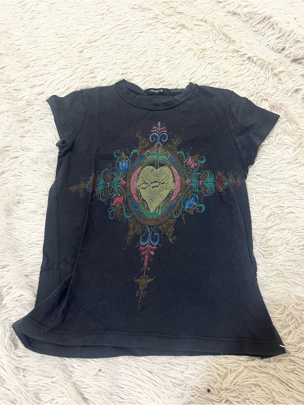 Arden B Black Short Sleeve Tee with Multicolor Ornate Heart Graphic